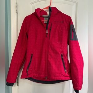 Free Country red lined long sleeves zip up jacket with hood and pockets .